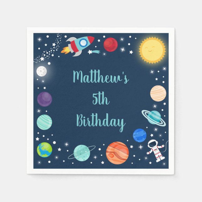 Space Rocket Ship Astronaut Planets Birthday Napkin (Front)