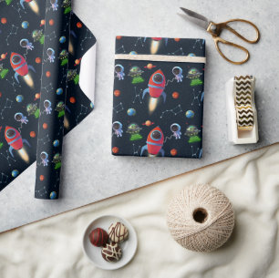 Space Rocket Ship   Astronaut UFO Alien Birthday Wrapping Paper