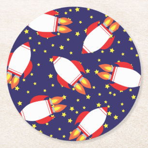 Space Rocket Ship Birthday Party Round Paper Coaster