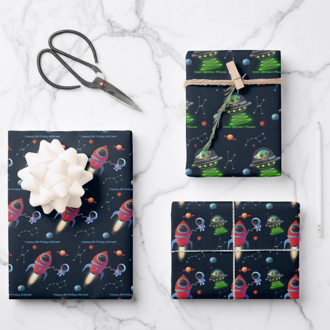 Space Rocket Ship | UFO Alien Astronaut Birthday Wrapping Paper Sheet (Front)