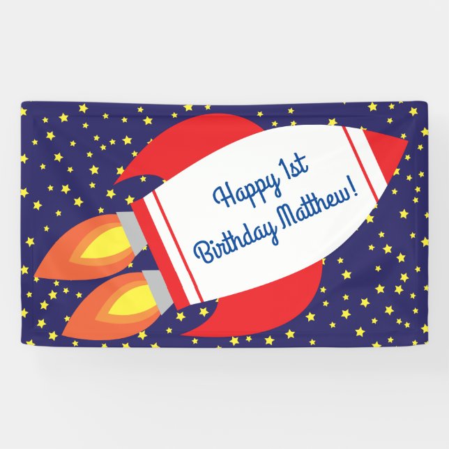 Space Rocket Star Ship 1st Birthday Party Banner (Horizontal)