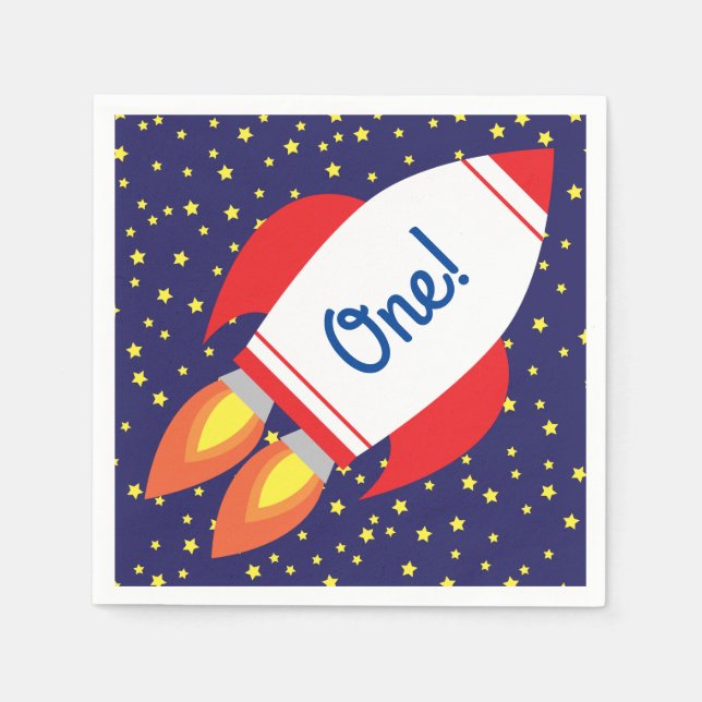 Space Rocket Star Ship 1st Birthday Party Napkins (Front)