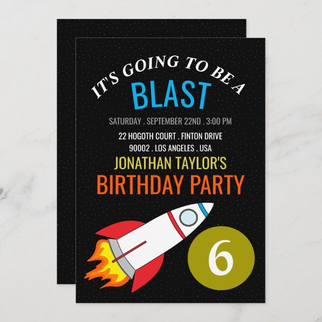 Space Rocket to the Moon Children's Birthday Invitation (Front/Back)