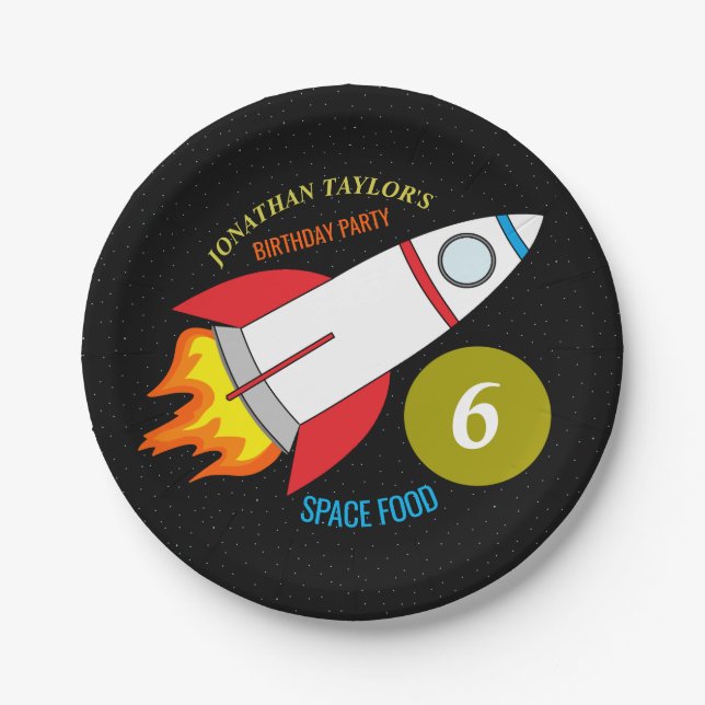 Space Rocket to the Moon Children's Birthday Paper Plate (Front)