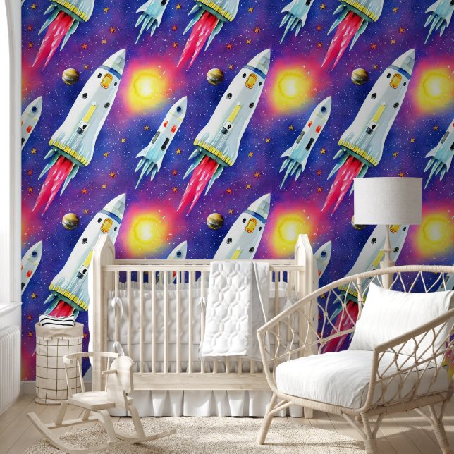 Space rockets and galaxy seamless pattern boys wallpaper (Kids)