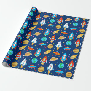 Space Rockets Planets Ufo Stars Blu Wrapping Paper