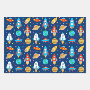 Space Rockets Stars Comets Planets Blue Wrapping Paper Sheet