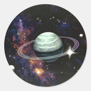 Space, Saturn Rings & Moons Classic Round Sticker