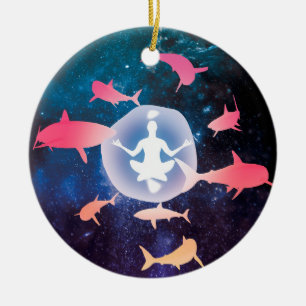 Space Sharks and Meditation Art Ceramic Ornament
