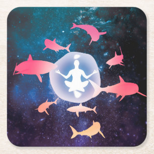 Space Sharks and Meditation Art Square Paper Coaster