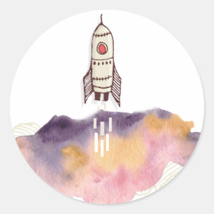 Space Ship Lift Off in Colourful Cloud Classic Round Sticker