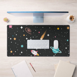 Space Ships and Planets on Black Desk Mat