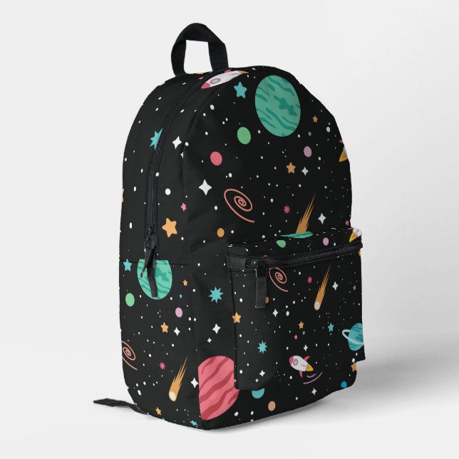 Space Ships and Planets on Black Printed Backpack (Back Corner Left)