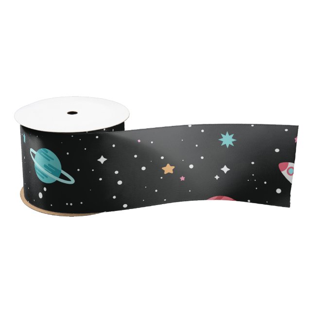 Space Ships and Planets on Black Satin Ribbon (Spool)