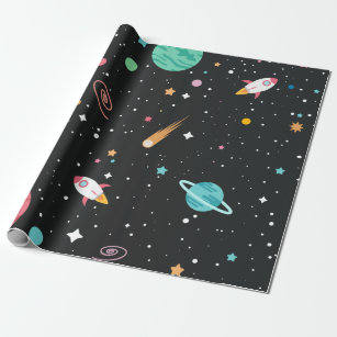 Space Ships and Planets on Black Wrapping Paper