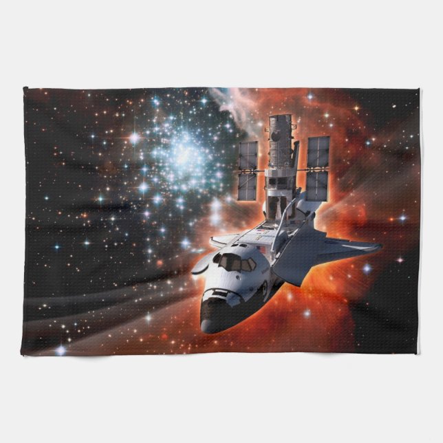 Space Shuttle Atlantis Hubble Telescope Artwork Tea Towel (Horizontal)