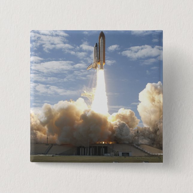 Space Shuttle Atlantis lifts off 10 15 Cm Square Badge (Front)