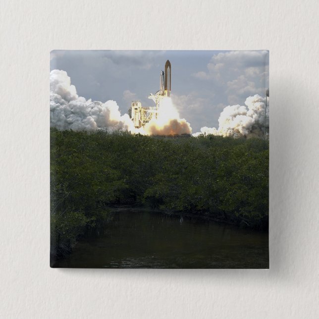 Space Shuttle Atlantis lifts off 13 15 Cm Square Badge (Front)
