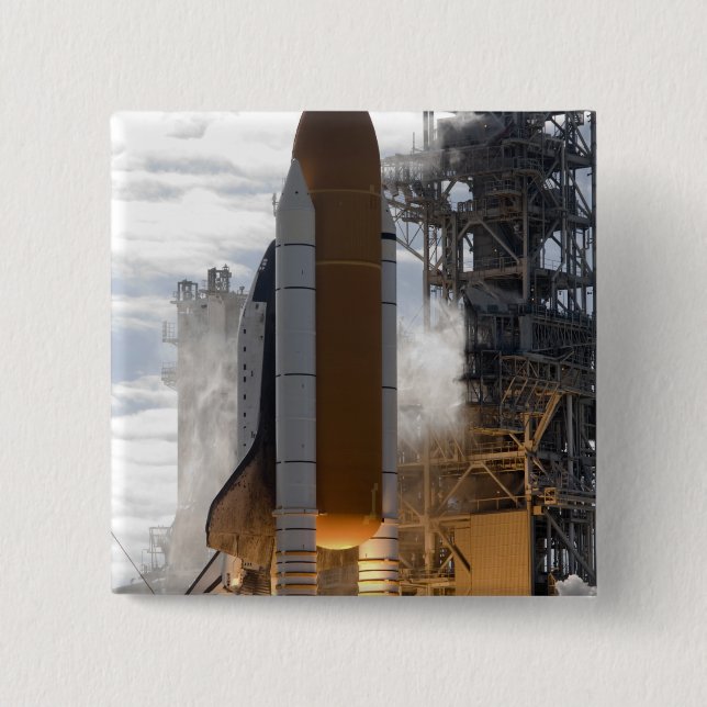 Space Shuttle Atlantis lifts off 15 15 Cm Square Badge (Front)