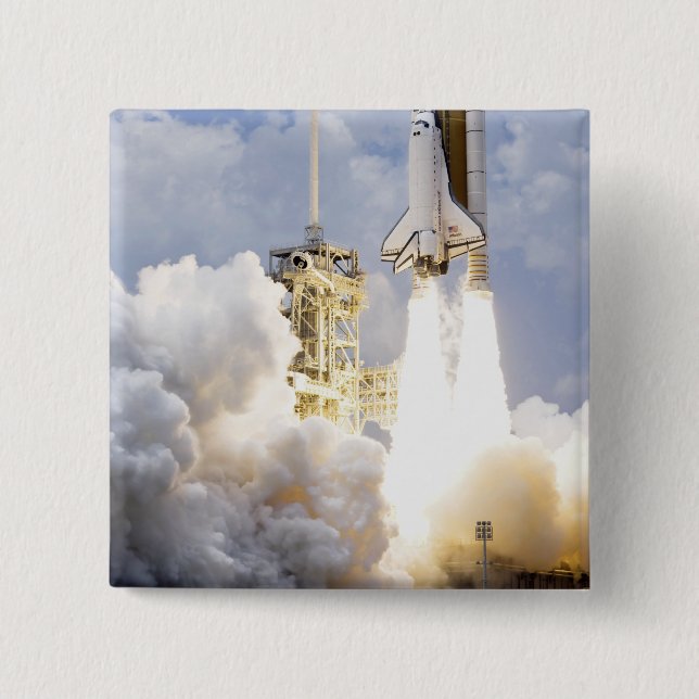 Space Shuttle Atlantis lifts off 15 Cm Square Badge (Front)