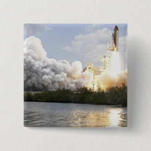 Space Shuttle Atlantis lifts off 22 15 Cm Square Badge