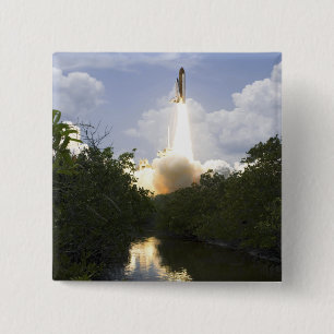 Space Shuttle Atlantis lifts off 26 15 Cm Square Badge