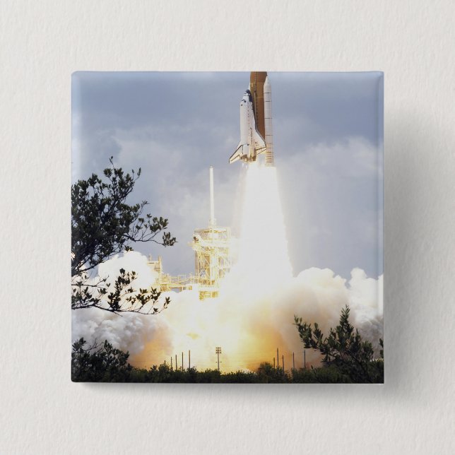 Space Shuttle Atlantis lifts off 4 15 Cm Square Badge (Front)