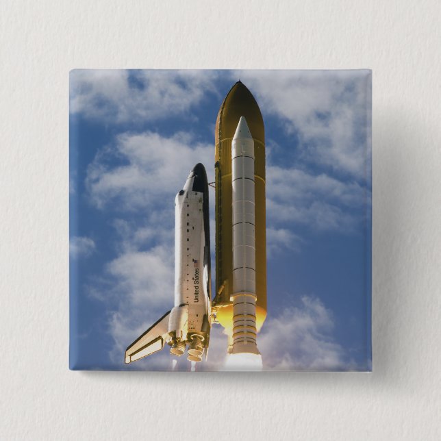Space Shuttle Atlantis lifts off 6 15 Cm Square Badge (Front)