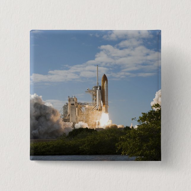 Space Shuttle Atlantis lifts off 7 15 Cm Square Badge (Front)
