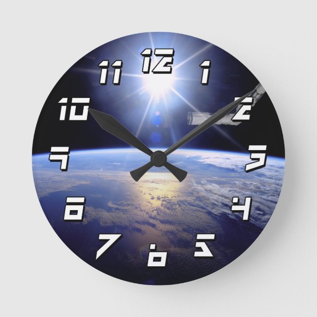 Space Shuttle Robot Arm Earth Orbit Sunburst Round Clock (Front)