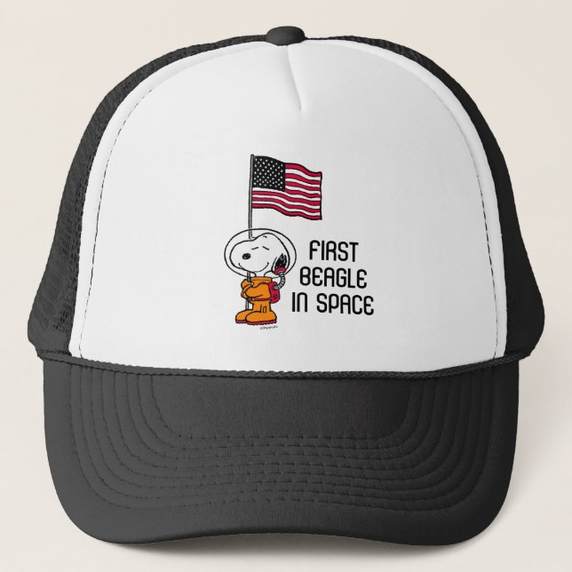 SPACE | Snoopy With Flag Astronaut Trucker Hat (Front)