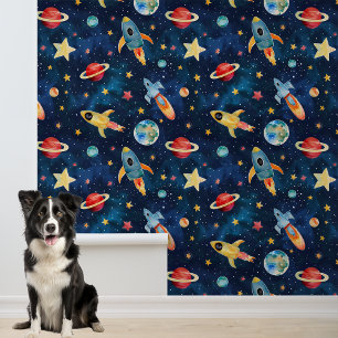 Space Stars Rockets Planets Watercolor Wallpaper