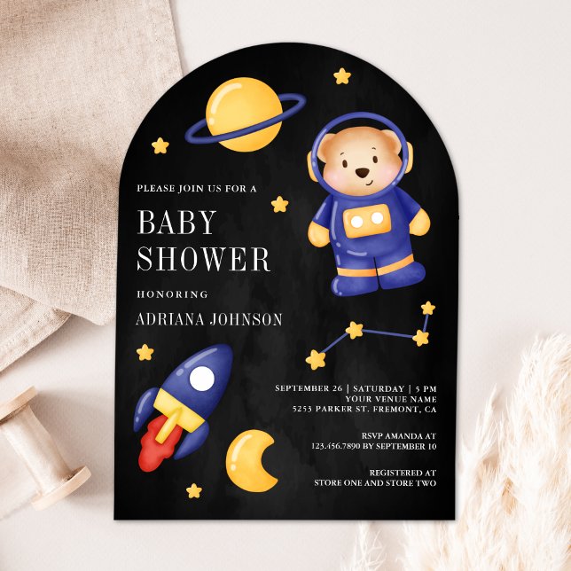 Space Teddy Bear Astronaut Black Arch Baby Shower Invitation (Creator Uploaded)