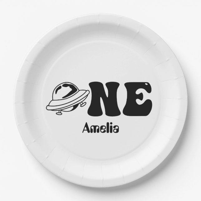 Space Theme 1st Birthday UFO Paper Plate (Front)