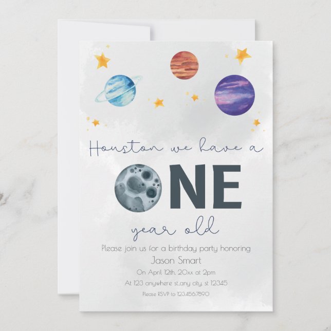 Space Theme First Birthday Party Invitation (Front)