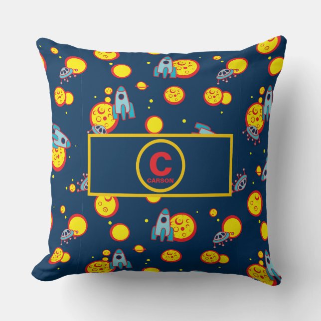 Space Theme for Boys in Blue Red and Yellow Name Cushion (Front)