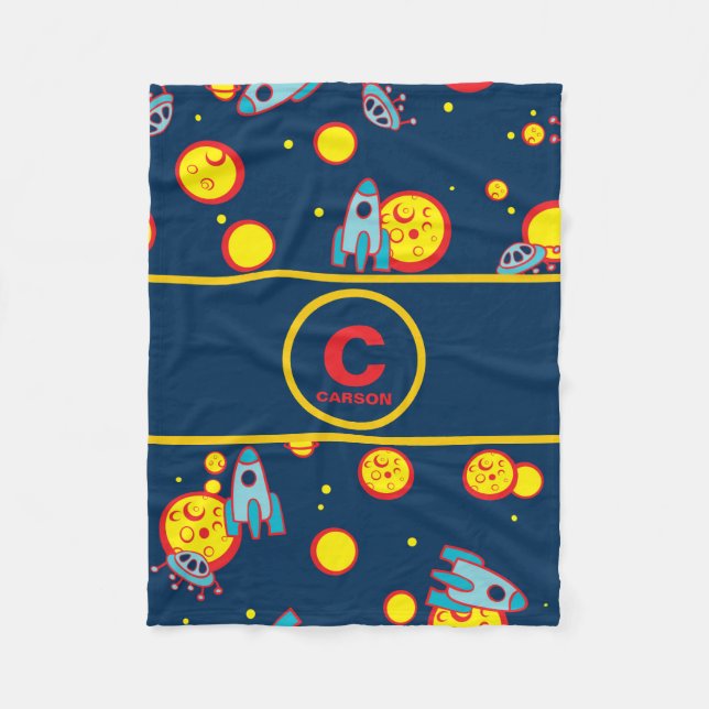 Space Theme for Boys in Blue Red and Yellow Name Fleece Blanket (Front)