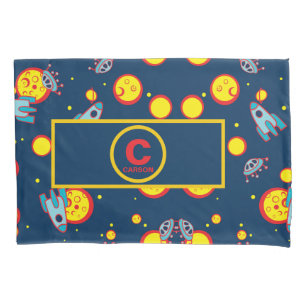 Space Theme for Boys in Blue Red and Yellow Name Pillowcase