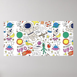 Space theme in doodle style illustration poster