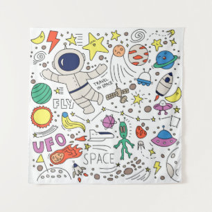 Space theme in doodle style illustration tapestry