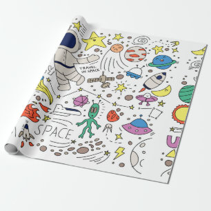 Space theme in doodle style illustration wrapping paper