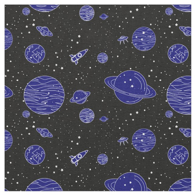 Space Theme Planets Rockets Stars on Black Fabric (Close Up)