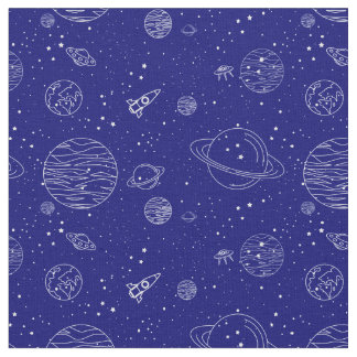 Space Theme Planets Rockets Stars on Blue Fabric