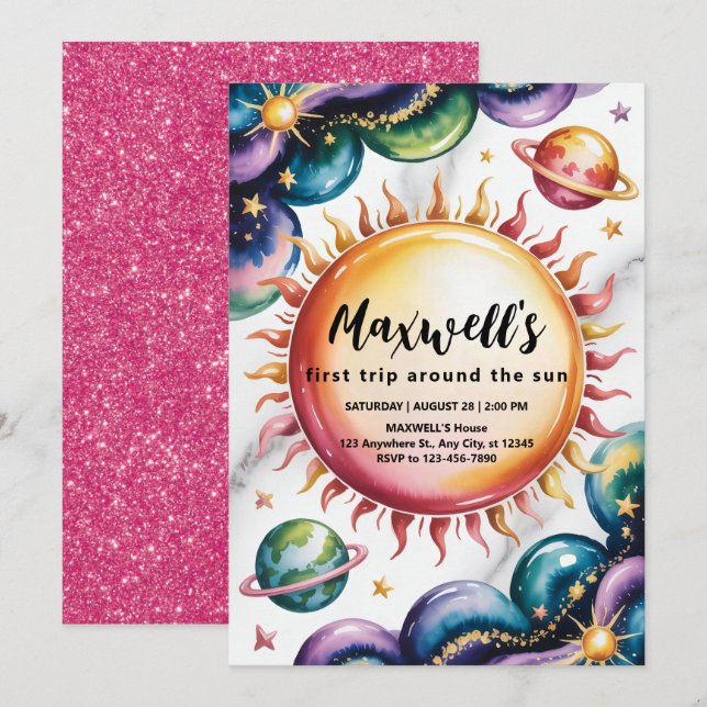 Space Themed 1st Birthday Party Invitation (Front/Back)