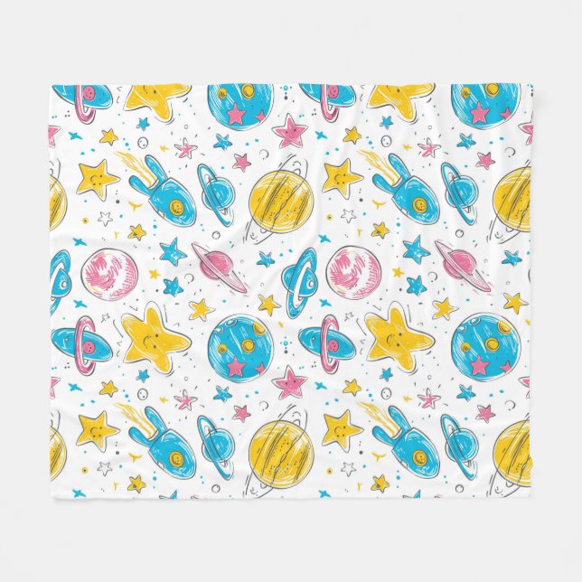 Space themed doodles on white background fleece blanket (Front (Horizontal))