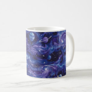 Space-themed pattern with stars and planets coffee mug
