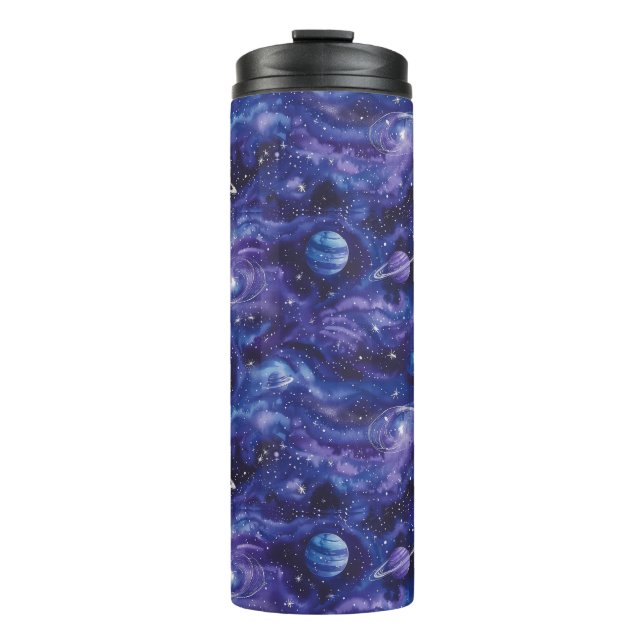 Space-themed pattern with stars and planets thermal tumbler (Front)