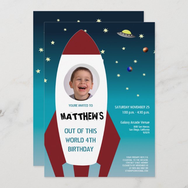 SPACE THEMED Photo Rocket 4th Birthday Invitation (Front/Back)