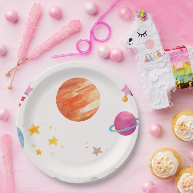 Space Themed Watercolor Design - Light Paper Plate (Party)