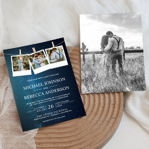 Space Universe Blue Galaxy Photo Collage Wedding Invitation